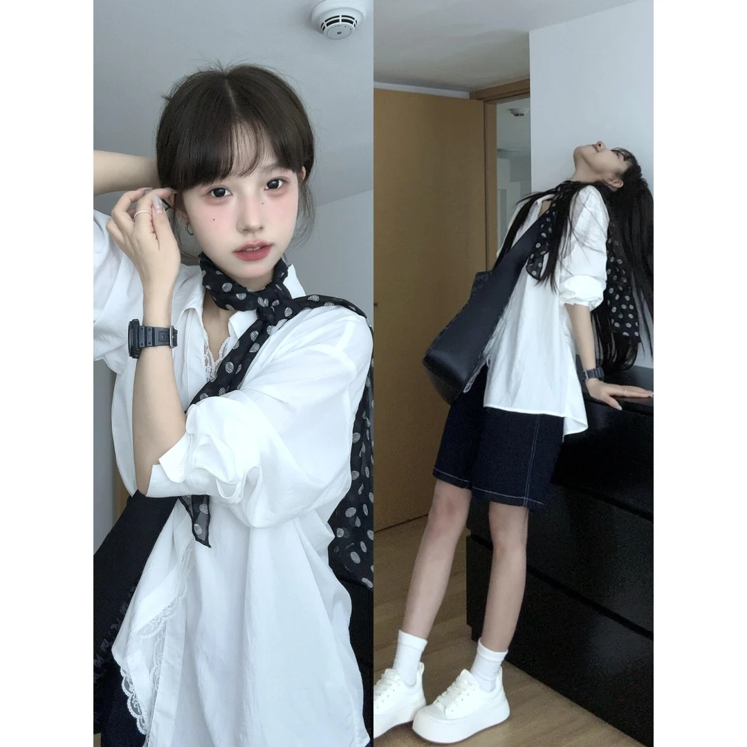 MARIE.COCO韩系复古纯色蕾丝拼接长袖衬衫女春夏季新款五分裤套装