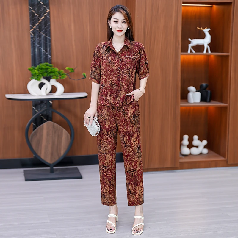 妈妈装套装女装2025夏季新款时尚休闲印花显瘦短袖中老年两件套