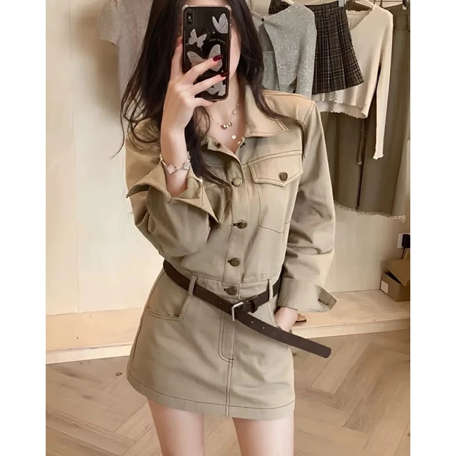 【纯欲知性】法式翻领连衣裙收腰显瘦设计感小个子工装减龄短裙潮