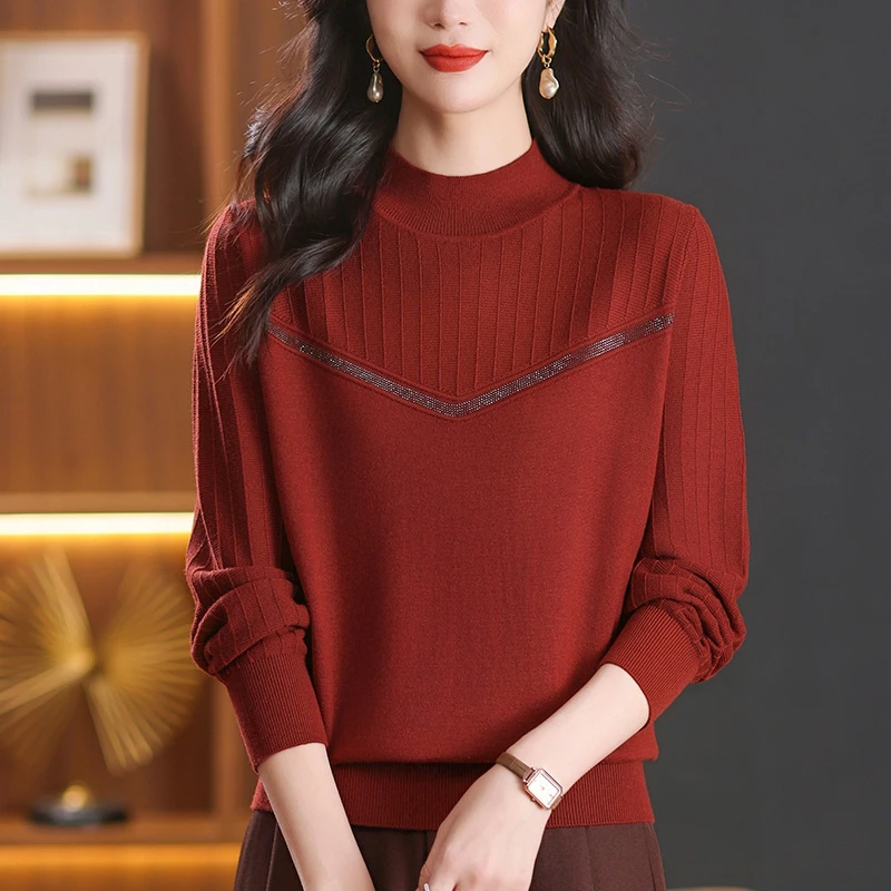 时尚减龄大码红色毛衣女士秋冬宽松显瘦洋气半高领针织上衣打底衫
