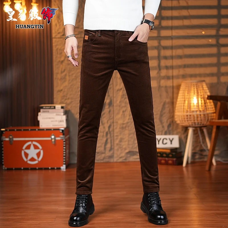 2025秋冬新款棕色休闲裤男士高端商务灯芯绒弹力韩版修身小脚裤子