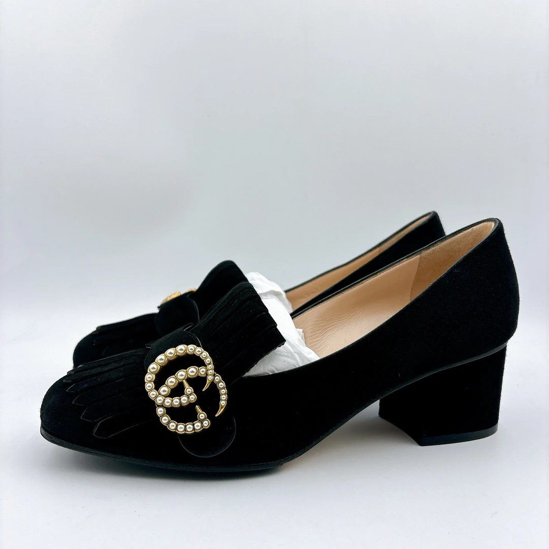 98新/GUCCI/古驰37.5码/黑色麂皮珍珠双G粗跟鞋/BM00544