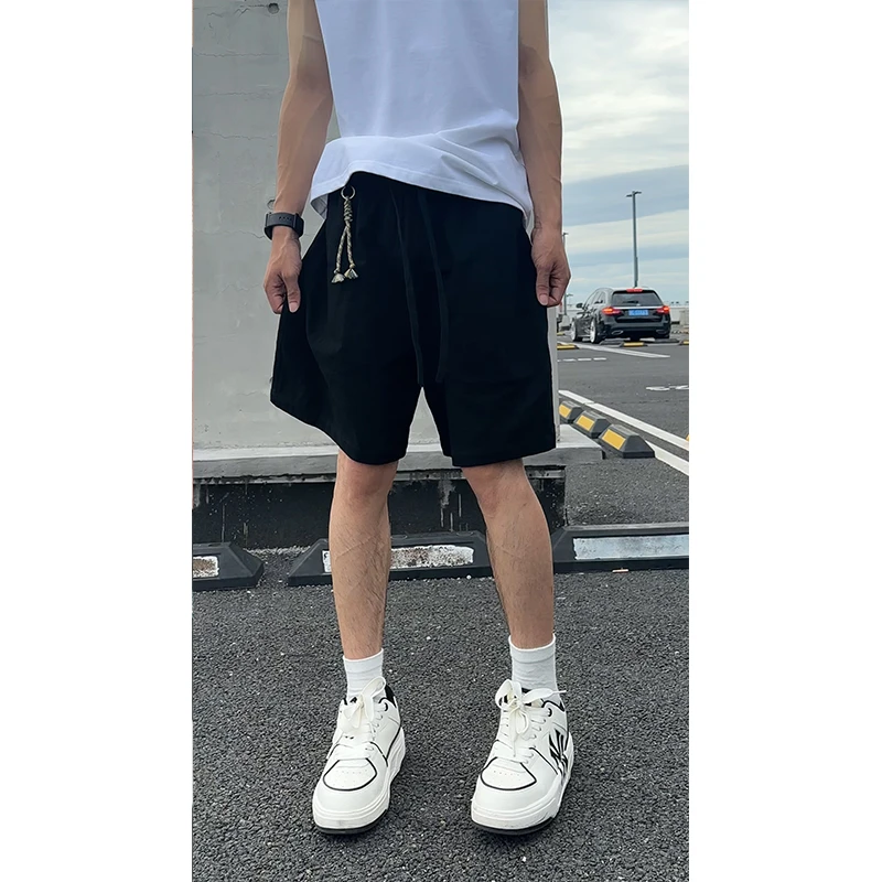 黑色纯棉亚麻休闲短裤男款夏季美式复古篮球运动裤直筒不过膝中裤