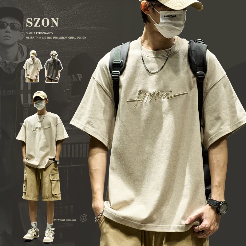 短袖男款夏季美式复古字母刺绣休闲五分袖高街重磅纯棉半袖t恤ins