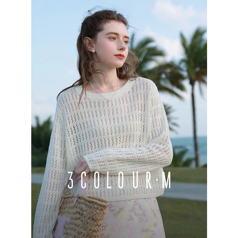 三彩2025夏季新款镂空针织衫长袖波嬉罩衫宽松短款薄上衣女M
