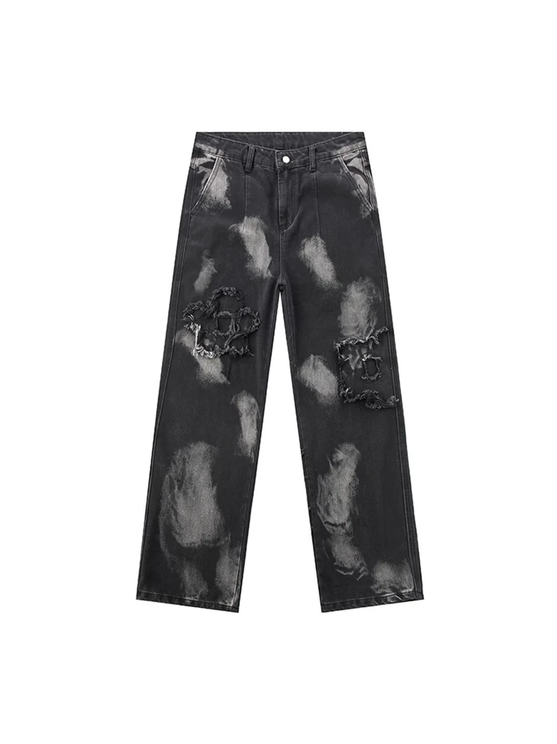 FOURSIS 潮牌嘻哈高街黑灰直筒长裤刺绣花朵水洗男女情侣牛仔裤