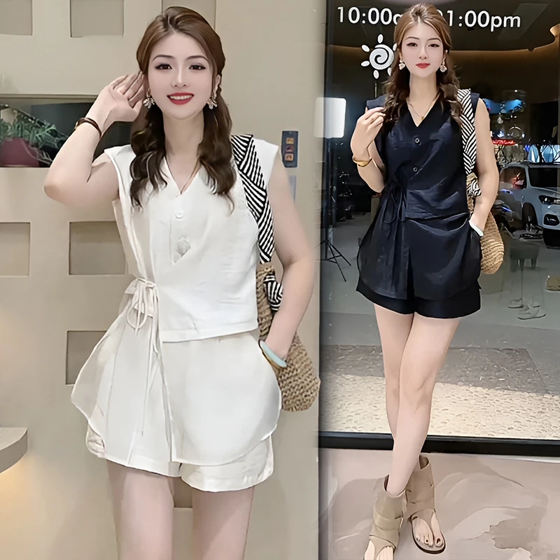 2025夏季新款韩版时尚显瘦领无袖背心上衣+高腰短裤两件套短袖