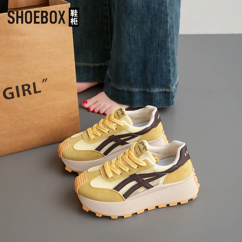 达芙妮集团旗下厚底阿甘鞋女2025夏新款软底运动鞋黄色德训老爹鞋