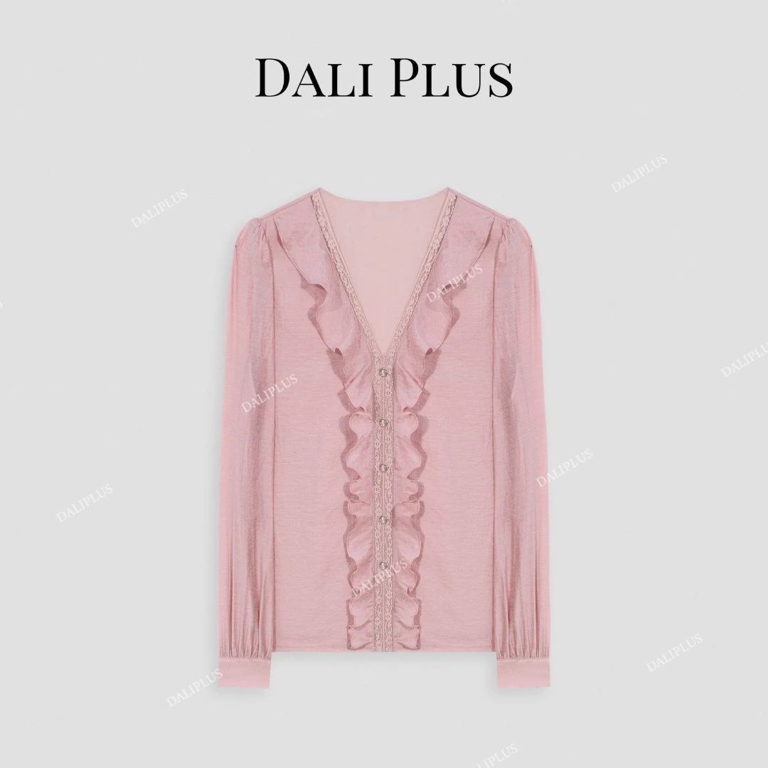 DALI PLUS原创设计 醋酸天丝蕾丝贴边V领荷叶边衬衫-D5ST1077