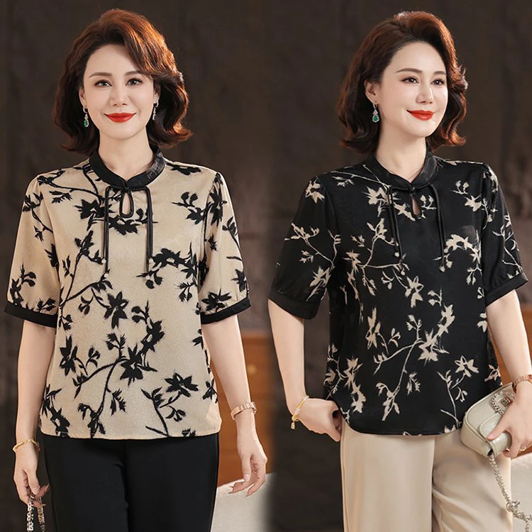 时尚妈妈夏装衬衫短袖女装中老年新款小衫国风洋气夏季上衣衬衣女