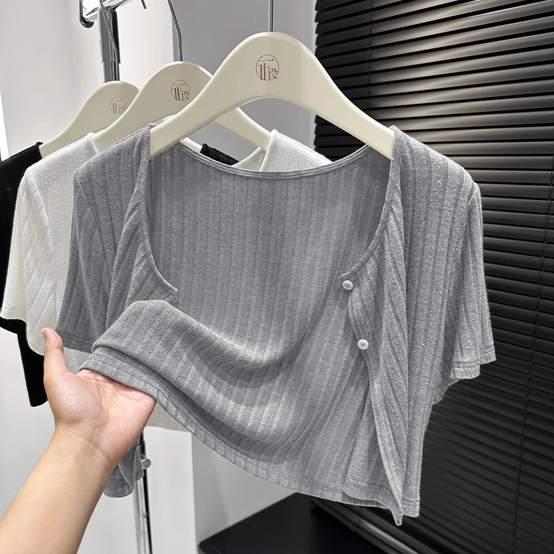 灰色单排扣针织小开衫女爆款2025新款夏季配吊带裙外搭短外套上衣