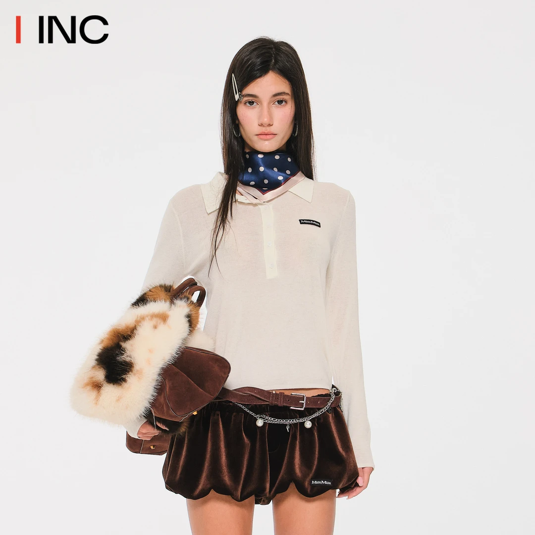 MIMBLANCHE 翻领丝巾上衣女26SS早春新款纯色修身百搭针织T恤IINC