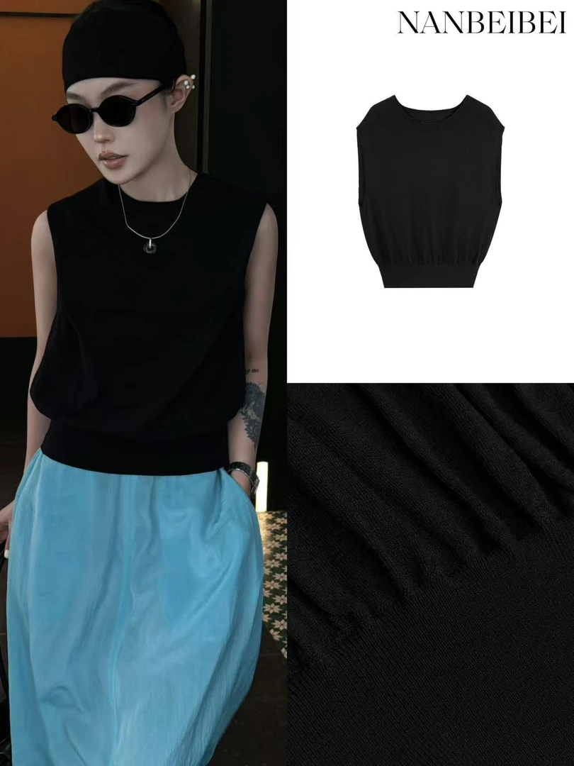 NanBeiBei 茧型背心  设计师款百搭圆领收摆无袖针织背心 0190