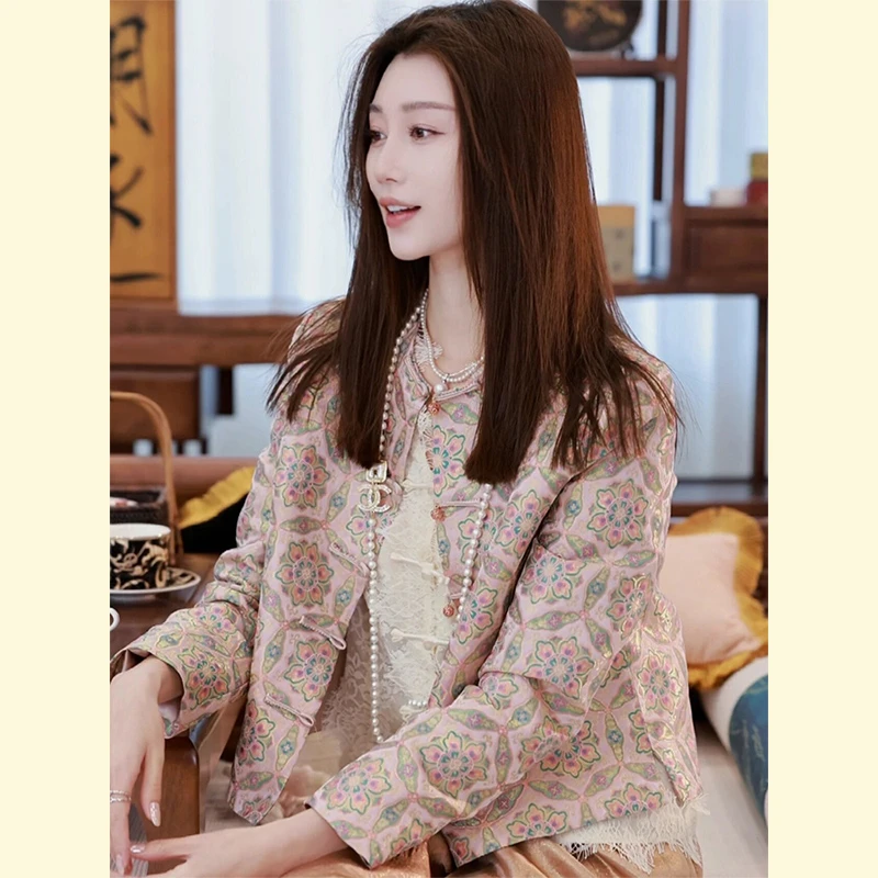 新中式中国风女装复古小个子短款粉色印花唐装外套背心裙两件套装