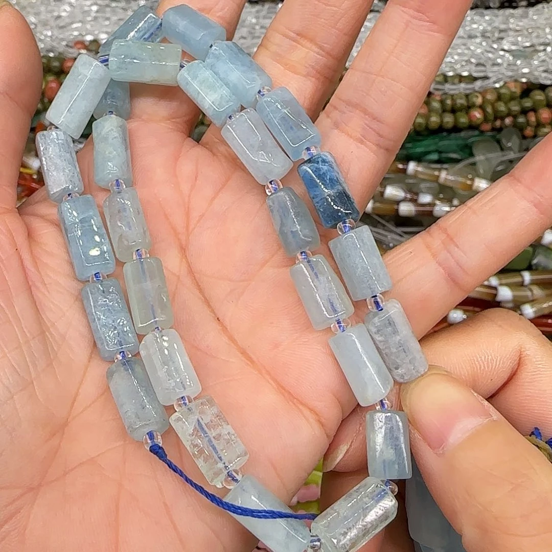 玛瑙/玉髓合金珠宝半成品海蓝宝7mm桶珠一条