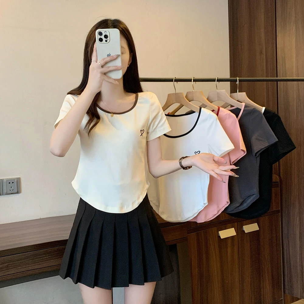 夏装大码女装新款大领口拼色宽松慵懒风上衣2527