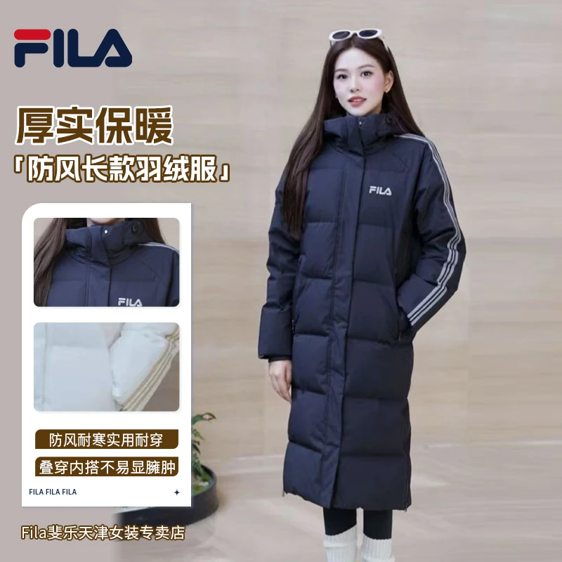 【加厚大logo过膝保暖】FILA斐乐情侣冬长款连帽羽绒服F51W549908F
