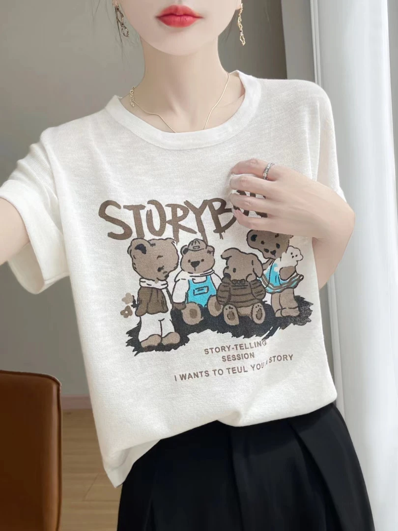 JR538款电脑提花刺绣芭比熊T恤竹节麻