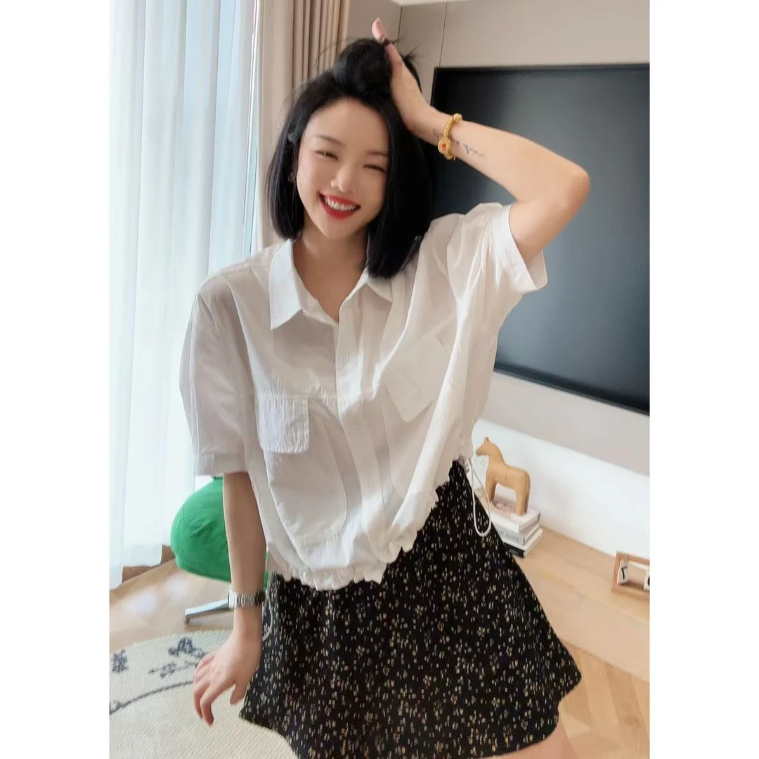 夏季Polo领花苞感抽褶工装风衬衣衬衫5-5-26