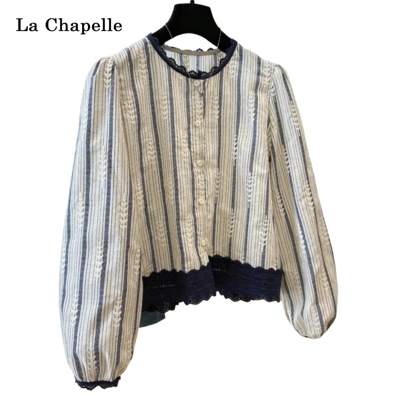 拉夏贝尔早秋新款法式气质百搭短款小衫女蕾丝花边长袖衬衫上衣