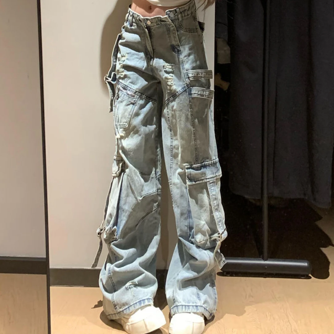大码胖MM春秋款工装蝴蝶结美式辣妹阔腿裤超美牛仔裤垂感浅蓝色