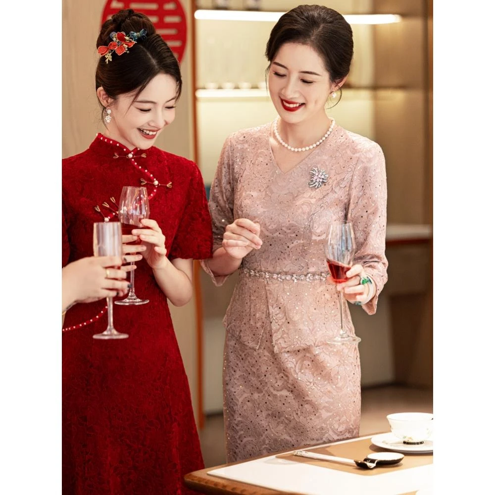高端喜婆婆婚宴装2025新款高贵宴会婚礼妈妈婚宴礼服小个子连衣裙