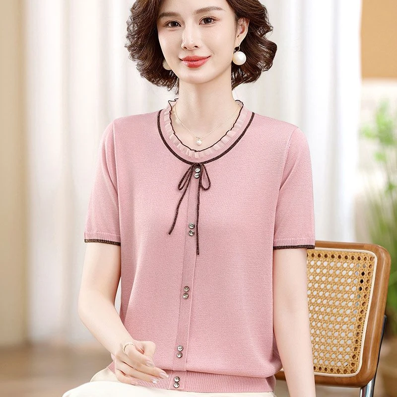 洋气妈妈夏装圆领短袖针织T恤中老年女宽松薄款半袖冰丝夏季小衫