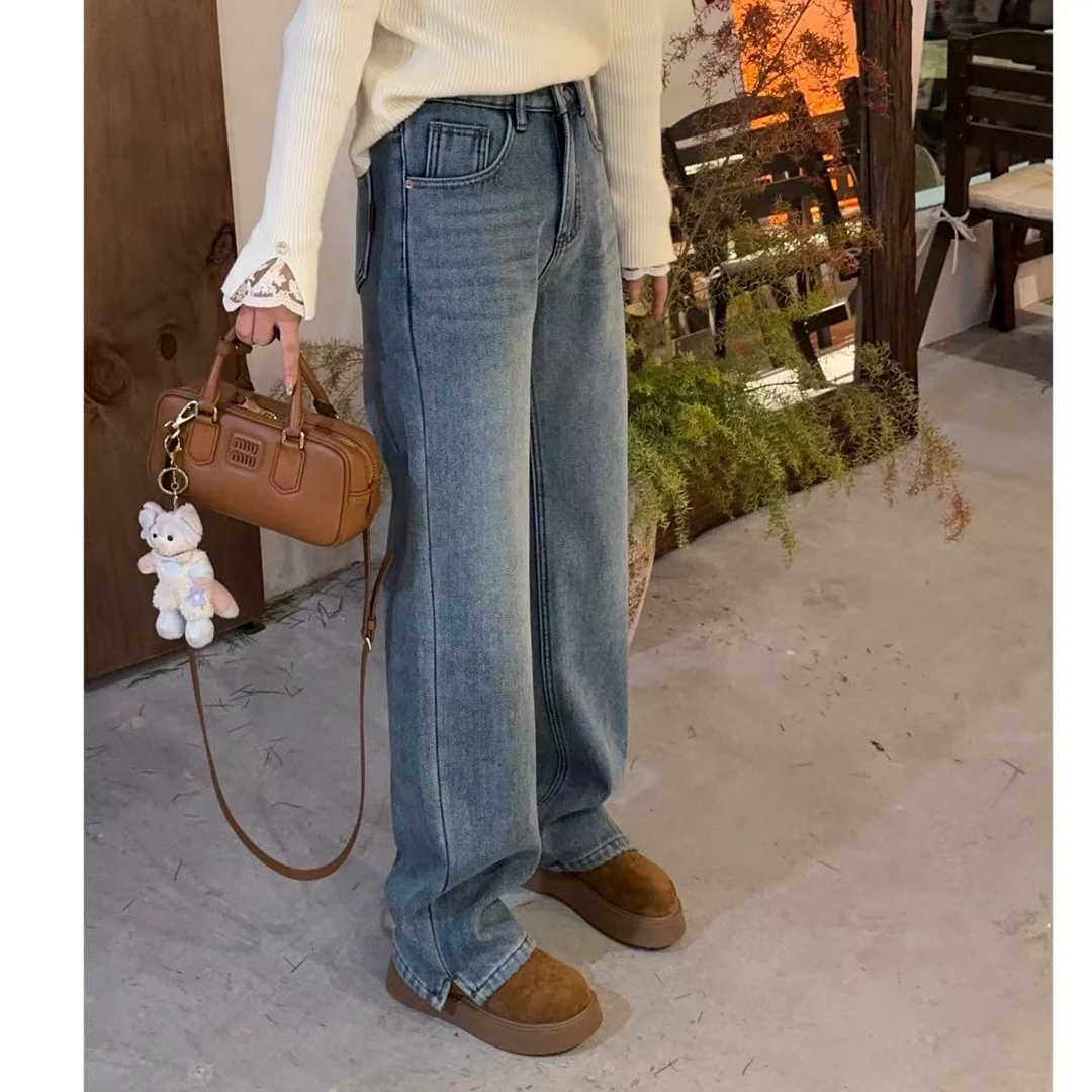 【开叉阔腿裤】冬季 高腰加绒侧开叉阔腿裤 显瘦刺绣皮标牛仔裤