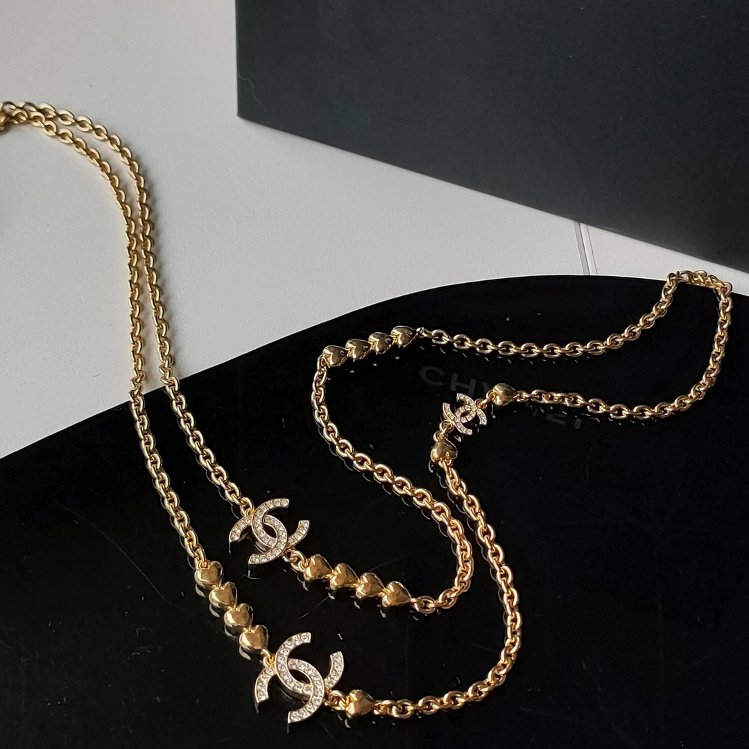 95新 Chanel/香奈儿 Azul-Chanel 23P金爱心钻双C毛衣链项链45528