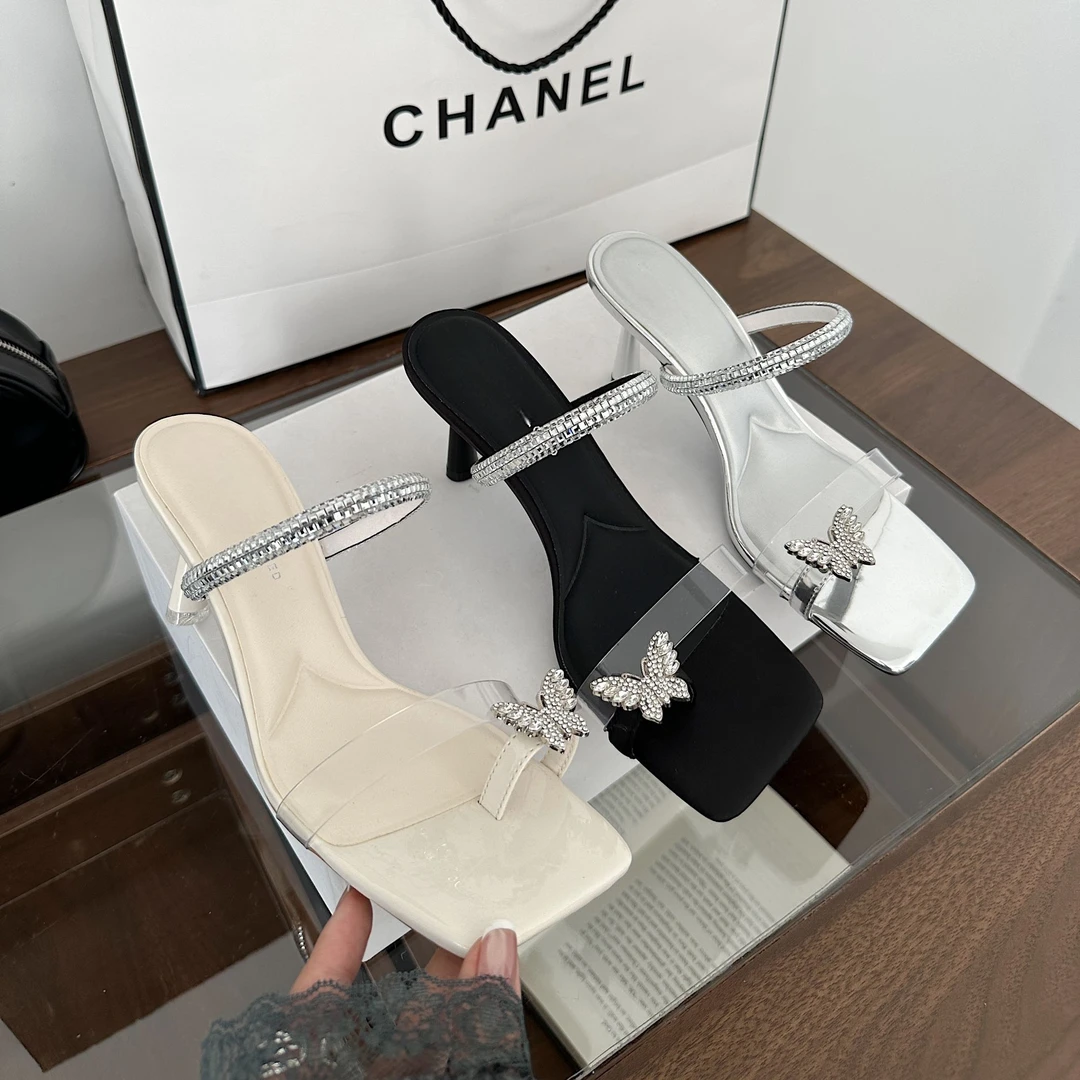 夏季新款方头蝴蝶水鉆一字带凉鞋女细跟高跟外穿拖鞋7厘米（8816）