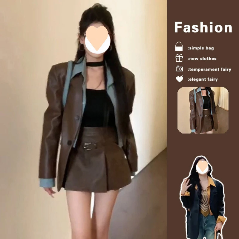 20252025美拉德咖色高级感拼接衬衫皮衣外套女秋冬新款西装大衣潮