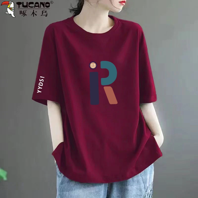 啄木鸟正品纯棉短袖t恤女装2025新款百搭宽松显瘦半袖圆领上衣夏