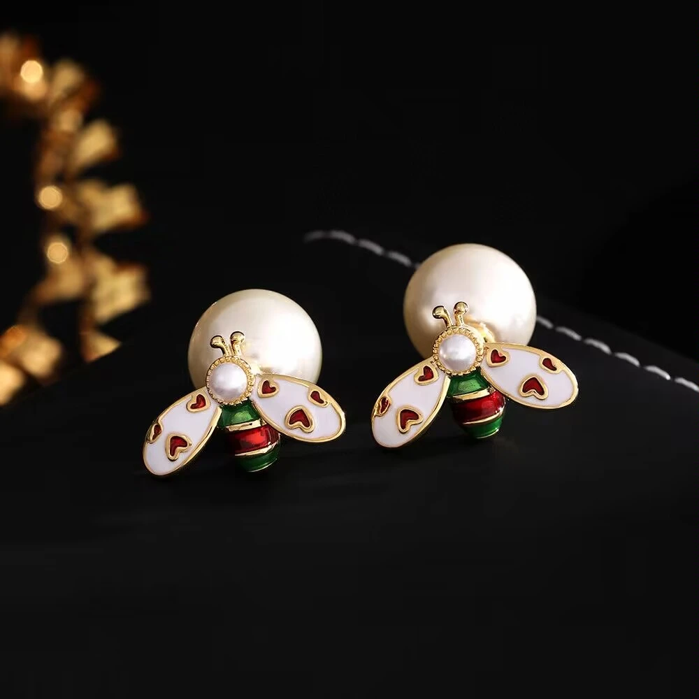 铜合金耳饰 《货号6192》 双戴蜜蜂珠珠耳环