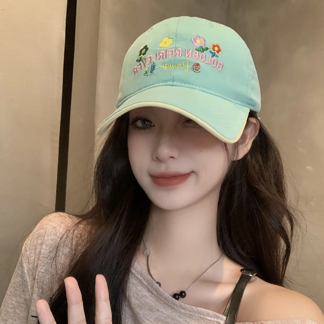 韩系小众花朵刺绣棒球帽女2024新款宽帽檐鸭舌帽显脸小软顶帽子潮