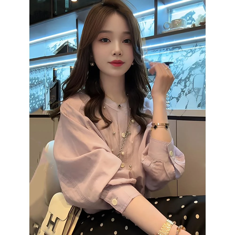【盛夏晚风】法式高级感拼接钉珠薄款长袖衬衫新款夏季宽松气质上衣