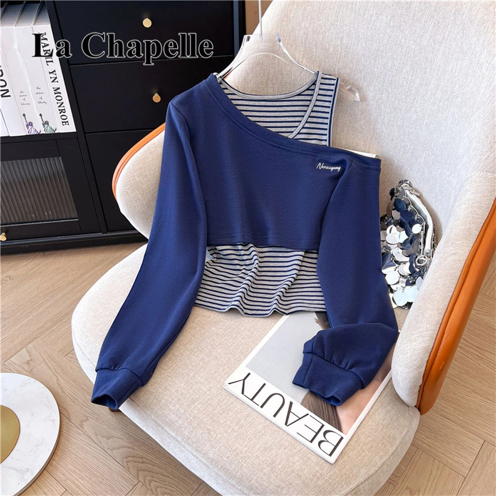 拉夏贝尔2025秋款时尚洋气韩系T恤女露肩假两件条纹拼接长袖上衣