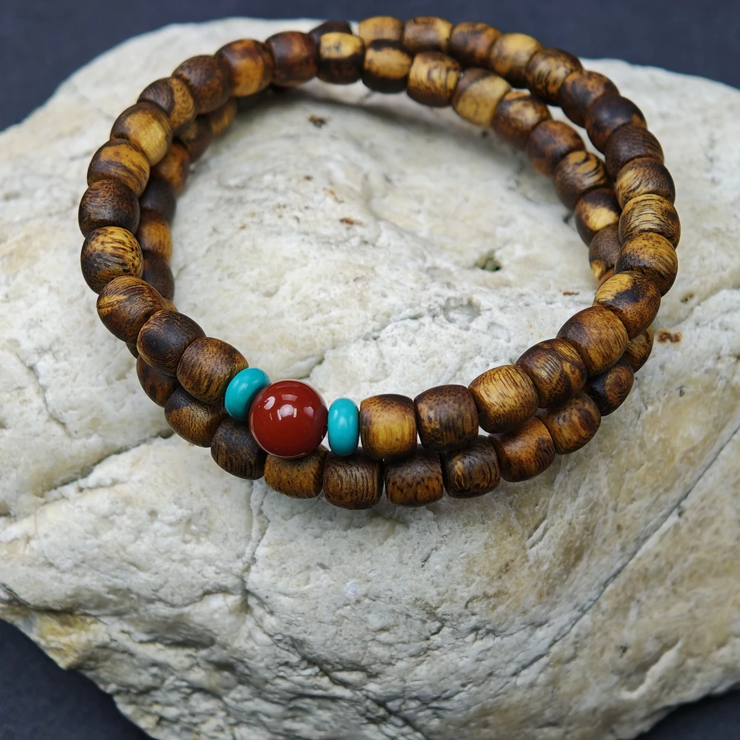 沉香【虎斑纹，设计款】奇楠6～8mm鼓珠双圈手串 多样性发其一