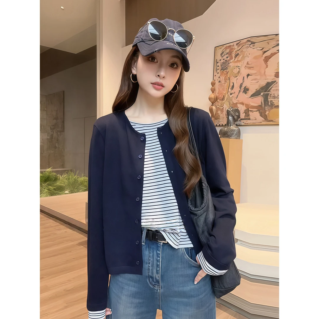 纯欲辣妹风撞色条纹假两件针织衫女秋季新款修身显瘦百搭短款上衣