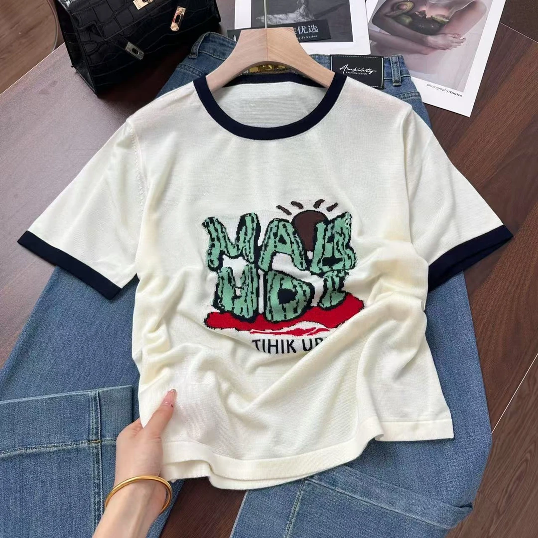 洋气仙人掌字母~韩系提花撞色宽松休闲短袖针织衫Y7329杏