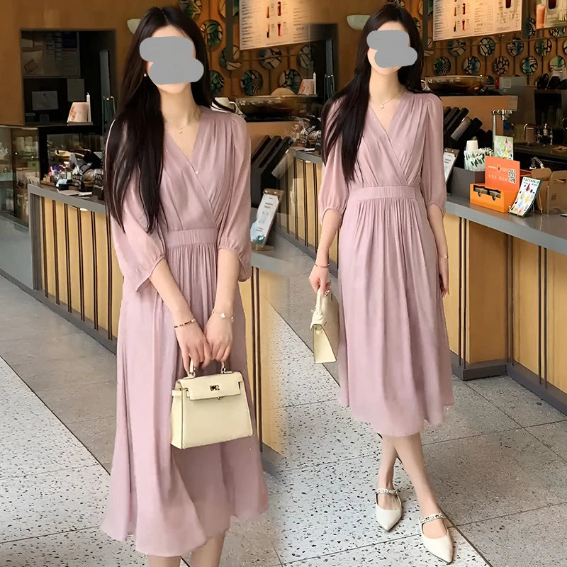 收腰宽松显瘦2025百搭时尚V领新款夏季女连衣裙气质中长款高级感