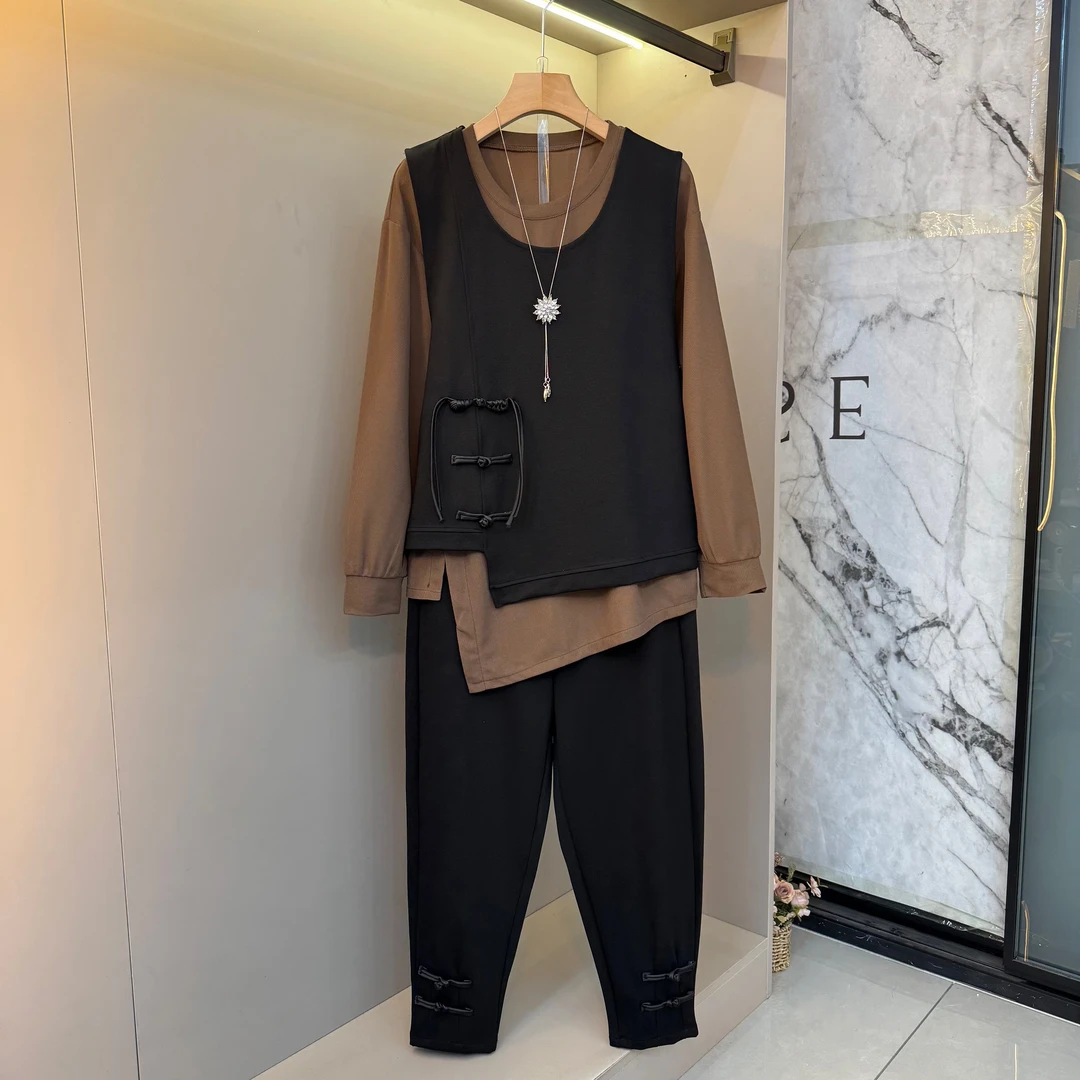 胖妹妹大码早秋新款时尚女装内搭不规则盘扣马甲裤子三件套933