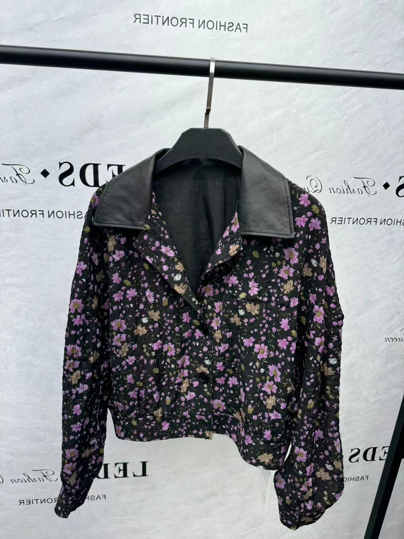 LEDS 2502春夏薄款印花碎花时尚修身翻领短外套