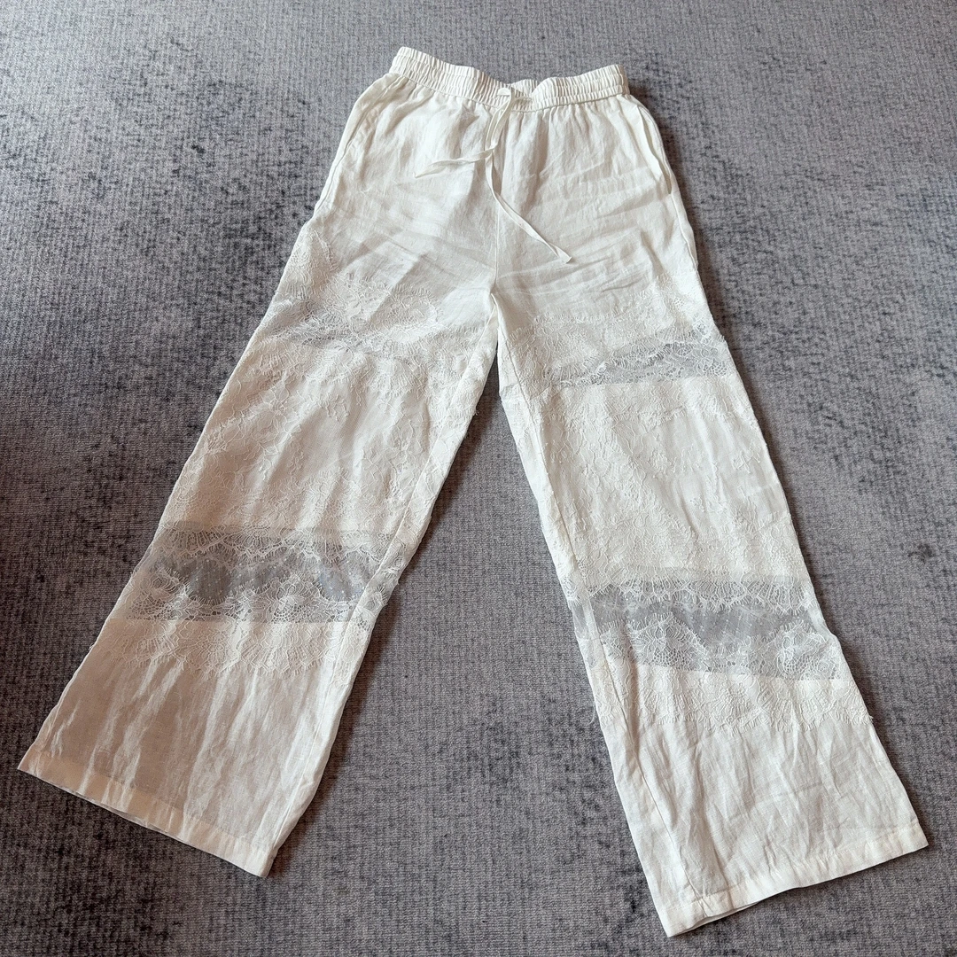 【丽丽推荐】100 亚麻拼接蕾丝长裤