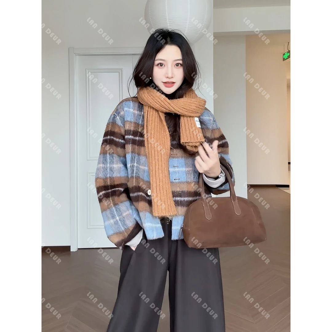 【一抹焦糖】羊毛+羊驼毛两面穿韩系气质时尚圆领格子毛呢外套女