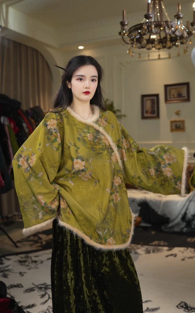 月畔湾【桃花水】新中式冬季新款女士时尚百搭提花加厚毛边上衣