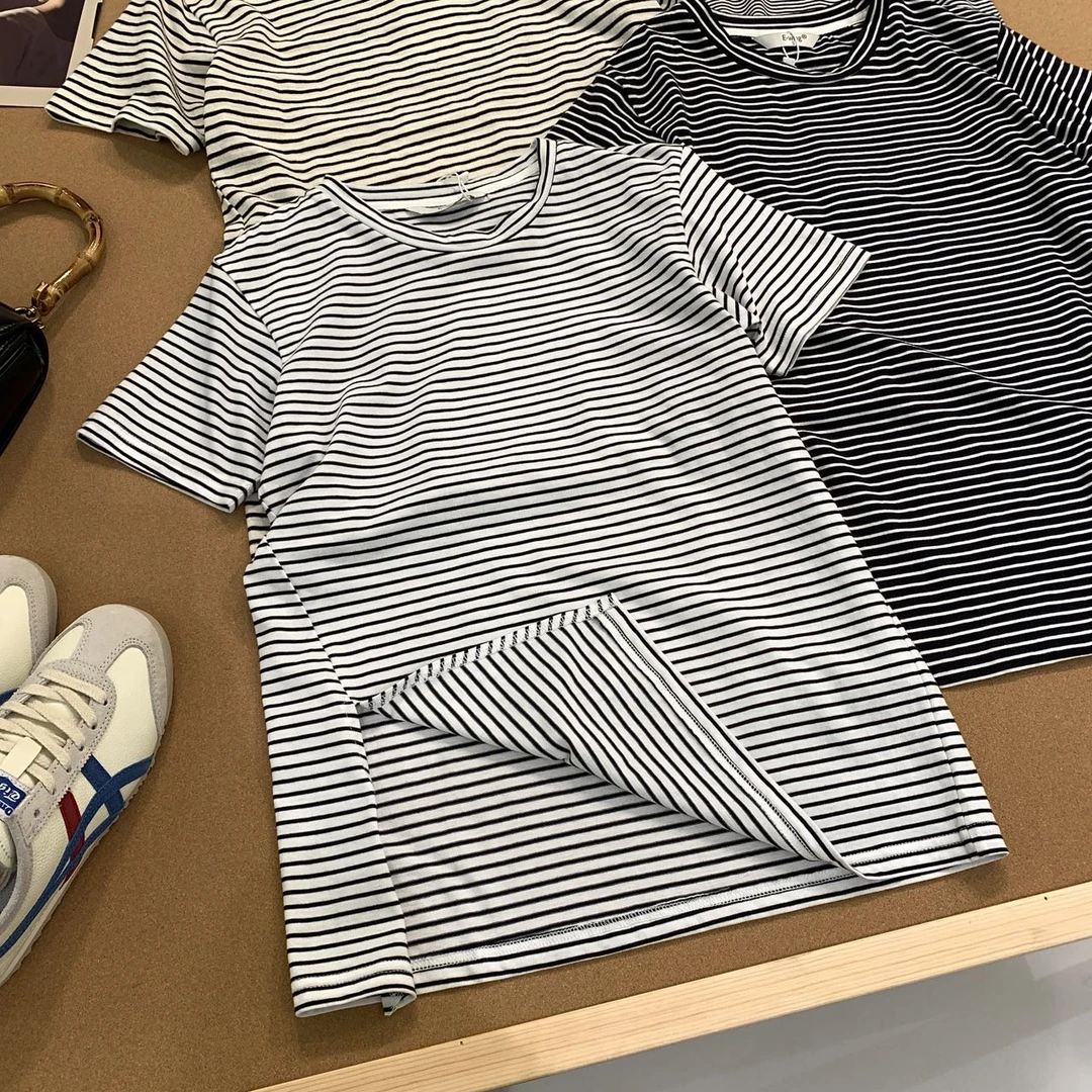 A39正肩条纹t恤女2025夏季宽松显瘦设计感开叉海魂衫短袖上衣