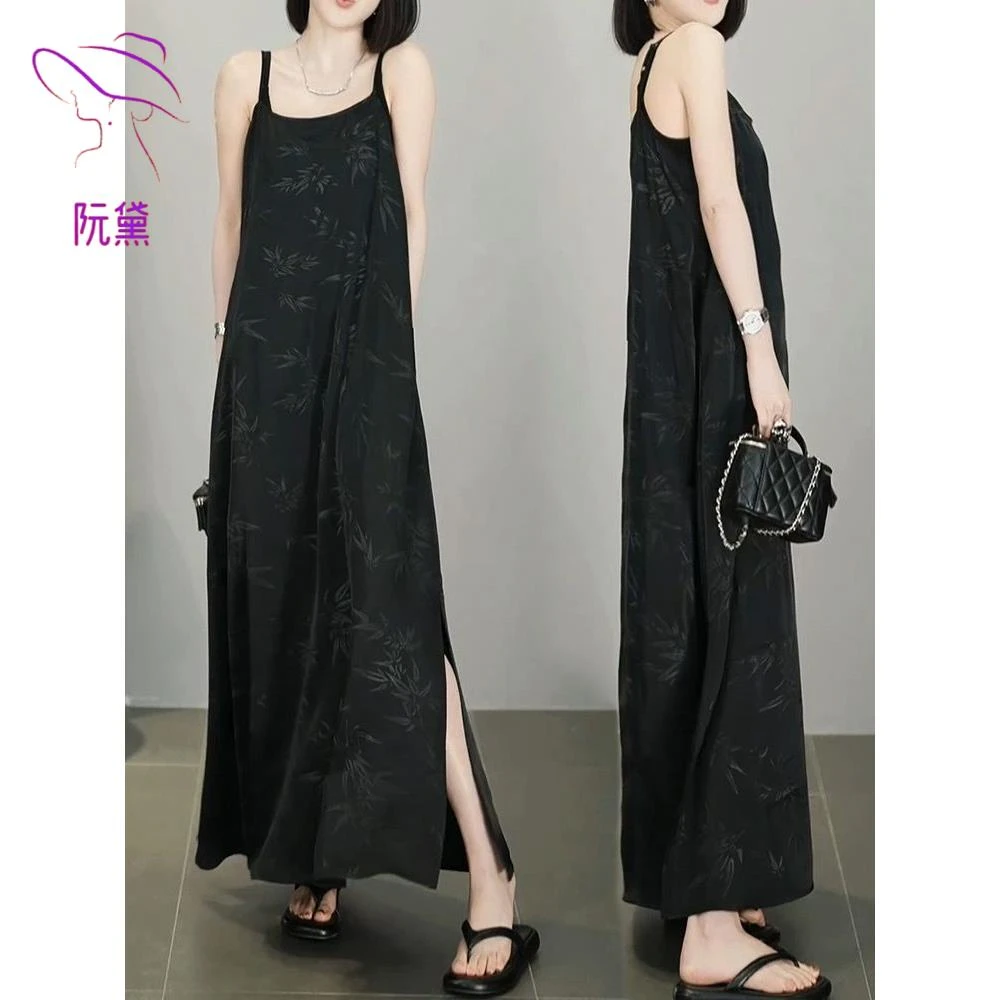 阮黛时尚高级感气质吊带长裙女夏季新款印花设计感开叉遮肉连衣裙