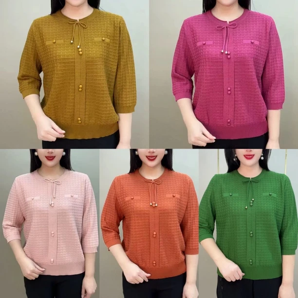 秋款七分袖套头焦麻针织衫