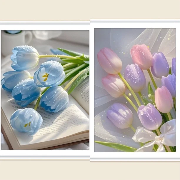 新疆长绒棉布，蓝郁金香，65*80大格十字绣（精准印花）