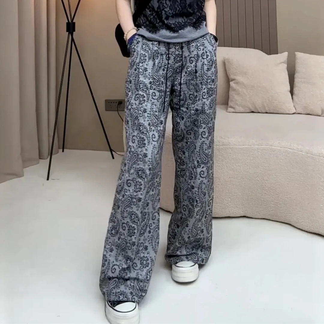 高腰国风提花直筒休闲裤女2025夏新款百搭显瘦中式慵懒风阔腿长裤